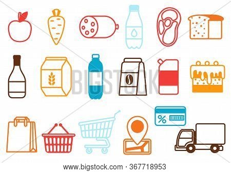 Supermarket Food, Selfservice And Delivery Icons. Grocery Illustration In Flat Style.