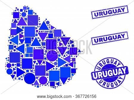 Vector Mosaic Uruguay Map. Geographic Scheme In Blue Color Tints, And Unclean Round And Rectangle St