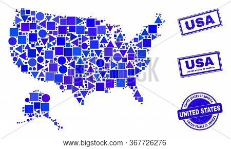 Vector Mosaic Usa With Alaska Map. Geographic Scheme In Blue Color Tints, And Textured Round And Rec
