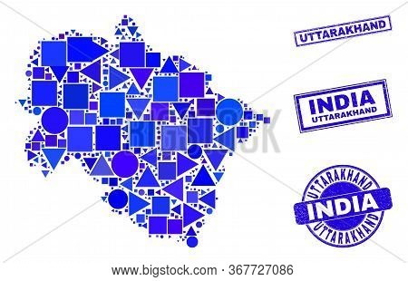 Vector Mosaic Uttarakhand State Map. Geographic Collage In Blue Color Tinges, And Textured Round And