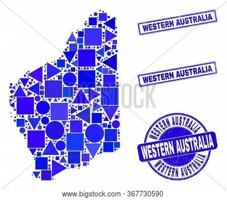 Vector Mosaic Western Australia Map. Geographic Collage In Blue Color Tinges, And Unclean Round And 