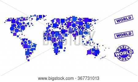 Vector Mosaic World Map. Geographic Plan In Blue Color Hues, And Grunge Round And Rectangle Stamps. 