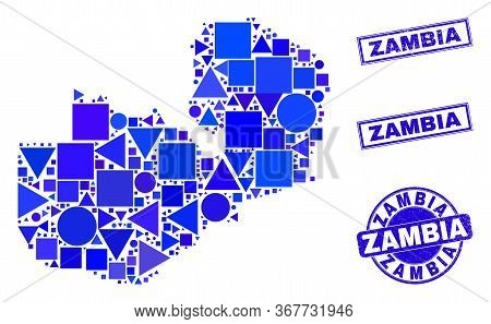 Vector Mosaic Zambia Map. Geographic Scheme In Blue Color Tones, And Grunge Round And Rectangle Stam