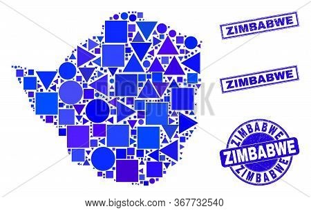 Vector Mosaic Zimbabwe Map. Geographic Collage In Blue Color Tints, And Grunge Round And Rectangle S