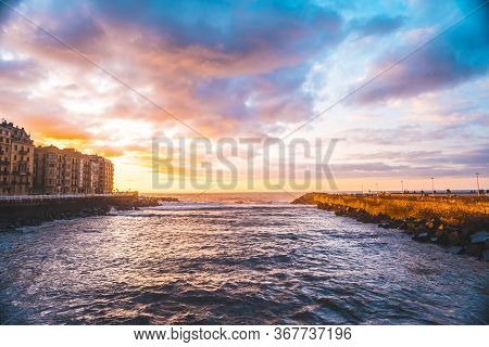 Sunset On The Kursaal Bridge Of The Urumea River In The City Of San Sebastián, Gipuzkoa. Basque Coun