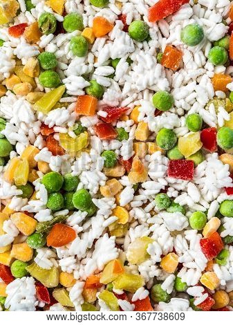 Frozen Vegetables Assorted, Close Up View. Assorted Frozen Vegetables Food With Ice, Top View Or Fla