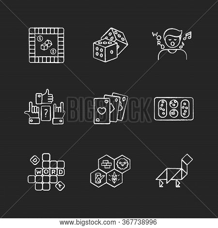 Entertaining Games Chalk White Icons Set On Black Background. Traditional Fun Activities For Family 
