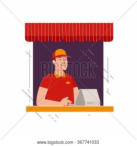 Happy Seller At Checkout In Store. Business, Shop Vector Illustration