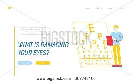 Myopia Or Nearsightedness Diseases Of Eye And Optical System Landing Page Template. Sad Male Charact