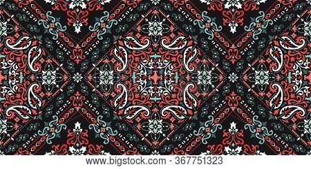 Seamless Pattern Based On Ornament Paisley Bandana Print. Boho Vintage Style Vector Background. Silk