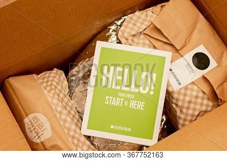 Sydney, Australia 2020-04-25 Hello Fresh Meal Kits In A Cardboard Box With Hello Brochure