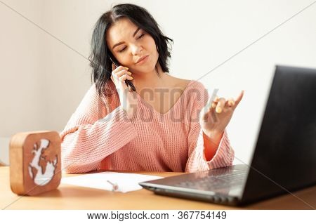 Young Woman Works From Home, Concept Of Remote Work, Work On The Internet, Stayed At Home