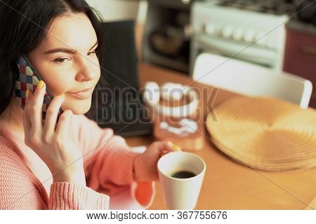 Young Woman Works From Home, Concept Of Remote Work, Work On The Internet, Stayed At Home