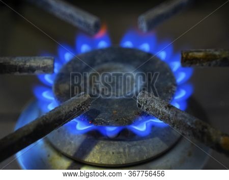 Blue Flames Of Gas Burning From A Kitchen Gas Stove. Focus The Front Edge Of The Hotplate