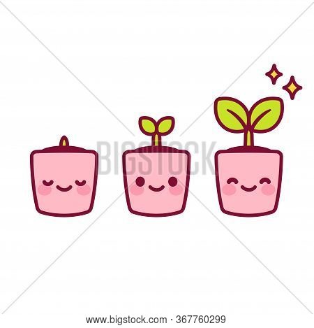 Growing Kawaii Baby Plant Illustration. Cute Cartoon Little Potted Plant With Smiling Face At Differ