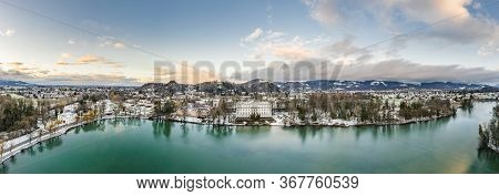 Aerial Drone Shot View Of Leopoldskroner Lake Southwest Of Outskirts Of Salzburg During Winter