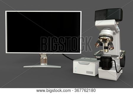 White Professional Microscope, Cpu Block And Blank Monitor Isolated, Realistic 3d Illustration Of Ob