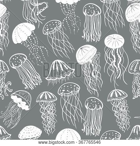Vector Illustration Of Different White Silhouettes Jellyfish Seamless Surface Pattern. Sea Backgroun