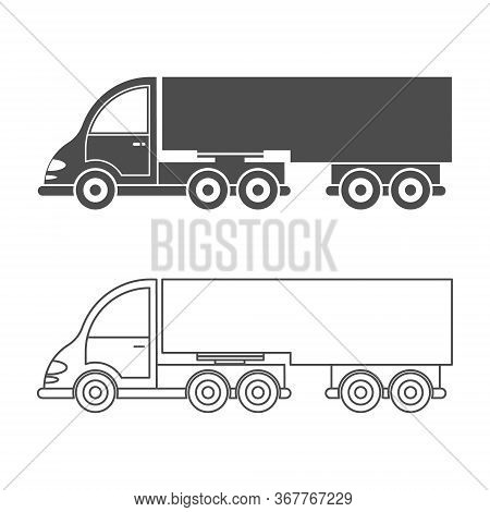 Set Of Vector Icon Tractor With Trailer. Simple Design, Filled And Empty Silhouette Isolated On A Wh