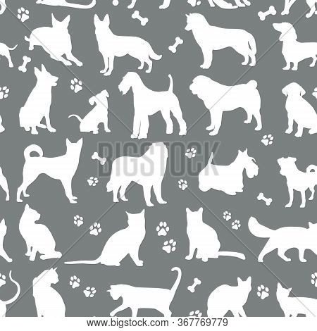 Pattern Of White Colors Cats And Dogs Background Illustration On Grey. Animal Collection. Seamless S