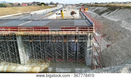 Highway Construction Site View. Civil Engineering. Road On Costruction