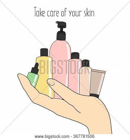 Set Of Cosmetic Bottles In The Hand, Skin Care Products. Stock Vector Illustration Isolated On White