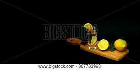 Quarantini Or Homemade Tequila Alcoholic Drink With Lemon On Dark Background. The Concept Of New Pop