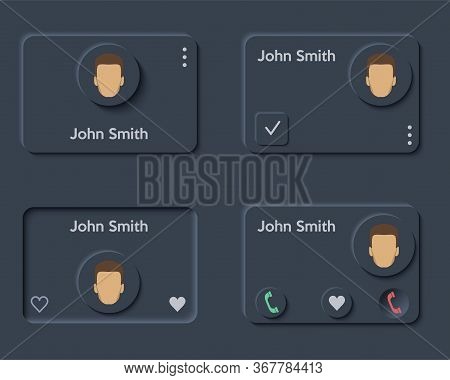 Neumorph Ui Kit Dark Layout. Phone Book And Contact List. Light Color Set. Skeuomorph Trend Design. 
