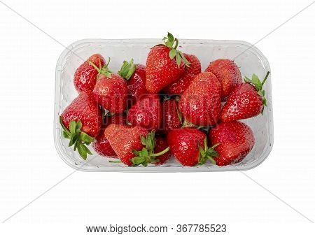 Heap Of Vivid Saturated Ripe Red Strawberries Laying In Big Plastic Transparent Container Box Isolat