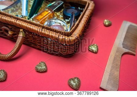 Wooden Wicker Box With Cosmetics On Pink Magenta Background. Cream, Mascara, Shadows In A Rattan Gif