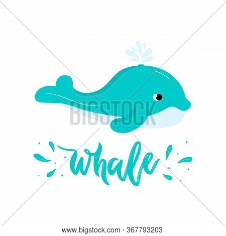 Whale Blue Cute With Water Splash. Icon Isolated. Vector Illustration. For Logo Of Kids Club, Shcool