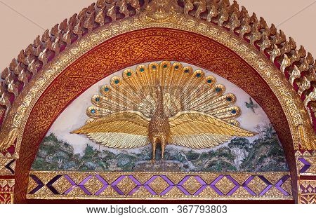Chiang Mai, Thailand - November 13, 2019: Sacred Peakock - Exterior Detail Of Vihara (shrine) At Wat