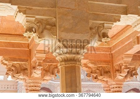 Ancient Bas-relief With Elephants At Column In Famous Amber Fort Near Jaipur, Rajasthan, India