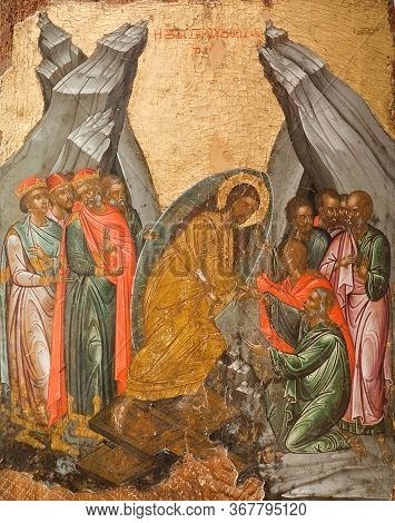 Corfu, Greece - March 17, 2018: Ancient Icon Of The Resurrection -  Descent Into Hell (the Anastasis
