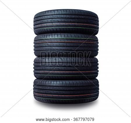 New Tires Stack Isolated On White Background.