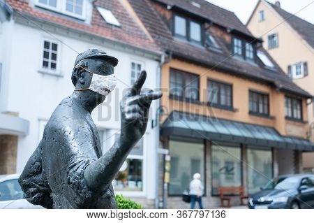 Niederstetten, Baden Wurttemberg, Germany - Mai 2020: Part Of The Statue Standing On The Market Plac