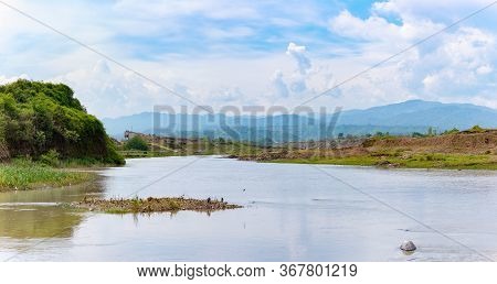 Mountain River Valley Panorama Landscape. Lankaran River, Mountain River In The Azerbaijan.
