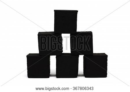 Coconut Black Square Charcoal For Hookah Isolated On White Background