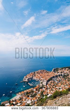 Aerial Top View On The Old City Of Dubrovnik, From The Observation Deck On The Mountain Above The Ci