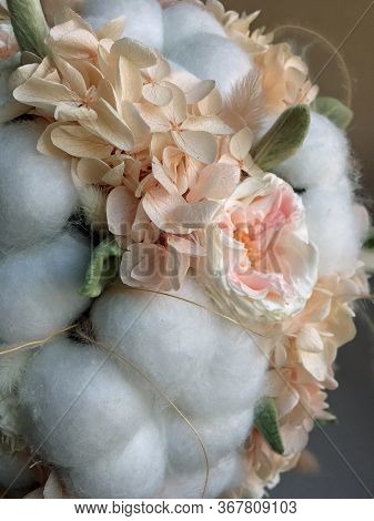 Flower Arrangement Cotton Blooms In White, Roses In A Beautiful Blend Of Peach, Light Peach And Whit