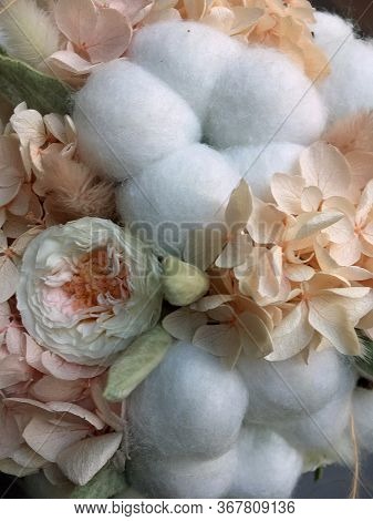 Flower Arrangement Cotton Blooms In White, Roses In A Beautiful Blend Of Peach, Light Peach And Whit