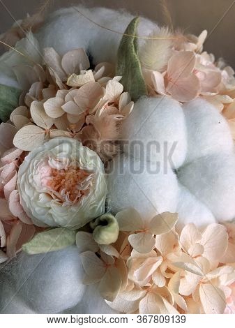 Flower Arrangement Cotton Blooms In White, Roses In A Beautiful Blend Of Peach, Light Peach And Whit