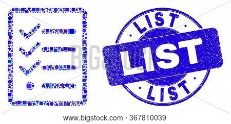 Geometric Task List Page Mosaic Icon And List Stamp. Blue Vector Round Scratched Watermark With List