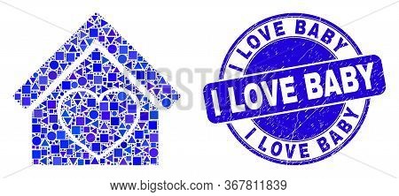 Geometric Love House Mosaic Icon And I Love Baby Stamp. Blue Vector Round Textured Stamp With I Love