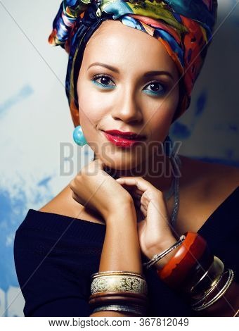 Beauty Bright African Woman With Creative Make Up, Shawl On Head Like Cubian Closeup Smiling