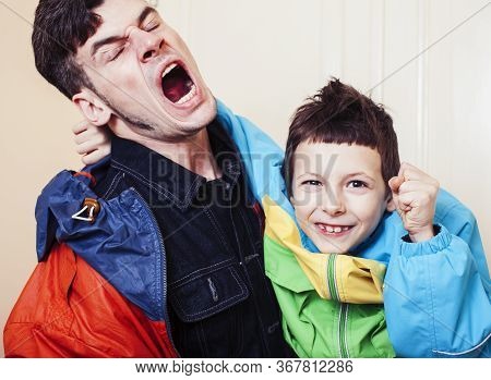 Faher And Son Together Having Fun At Home, Lifestyle Happy Family, People At Home