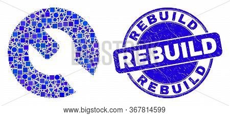 Geometric Repair Wrench Mosaic Icon And Rebuild Seal Stamp. Blue Vector Rounded Distress Seal Stamp 