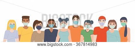 Crowd In Face Mask. Set Of Different Face Mask Types. Pandemic Covid-19, Quarantine, Health, Respira