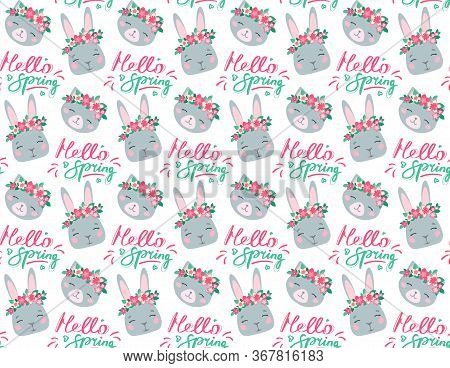 Gentle Vector Seamless Pattern With Bunnies And Kats. Rabbits And Kittens In Floral Wreaths With Clo