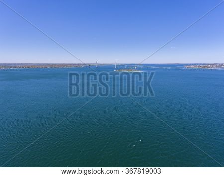 Claiborne Pell Newport Bridge on Narragansett Bay aerial view in summer, from city of Newport, Rhode Island RI, USA.